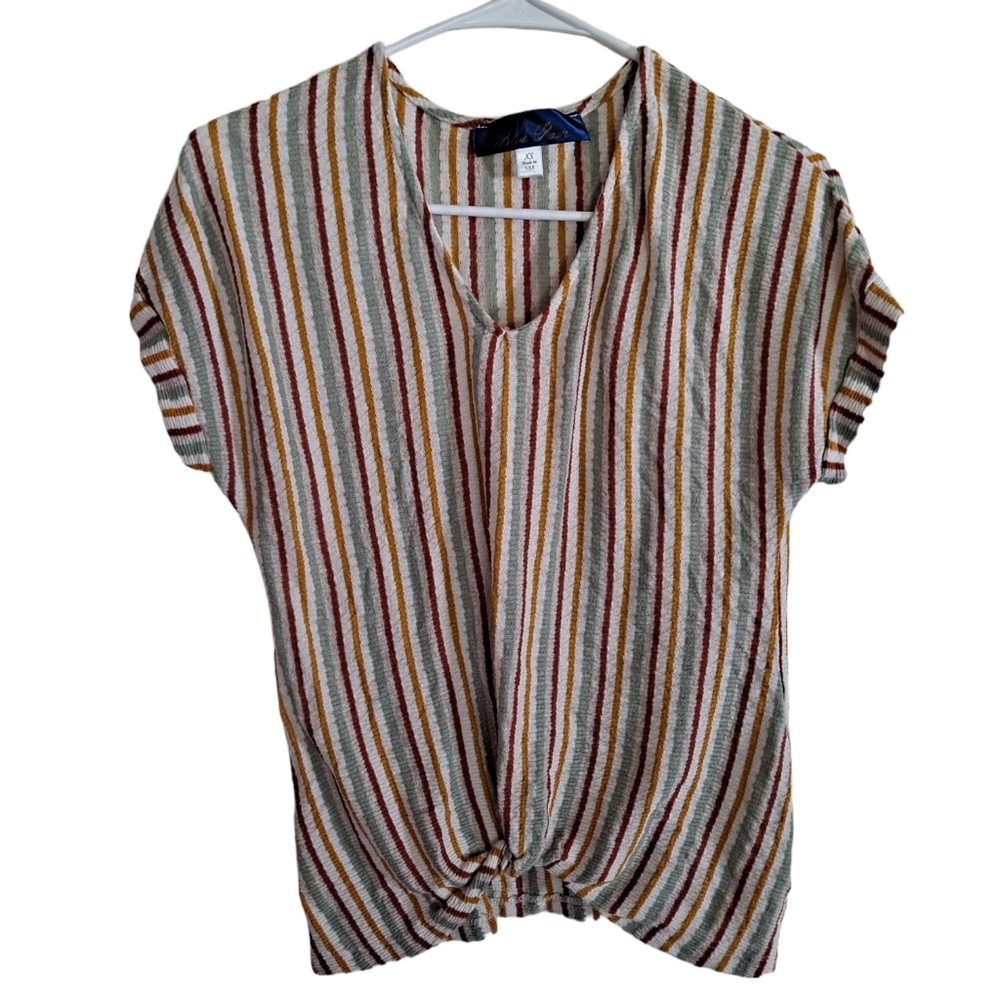Blue Rain boho earth tones v neck vertical stripes short sleeve top/blou…